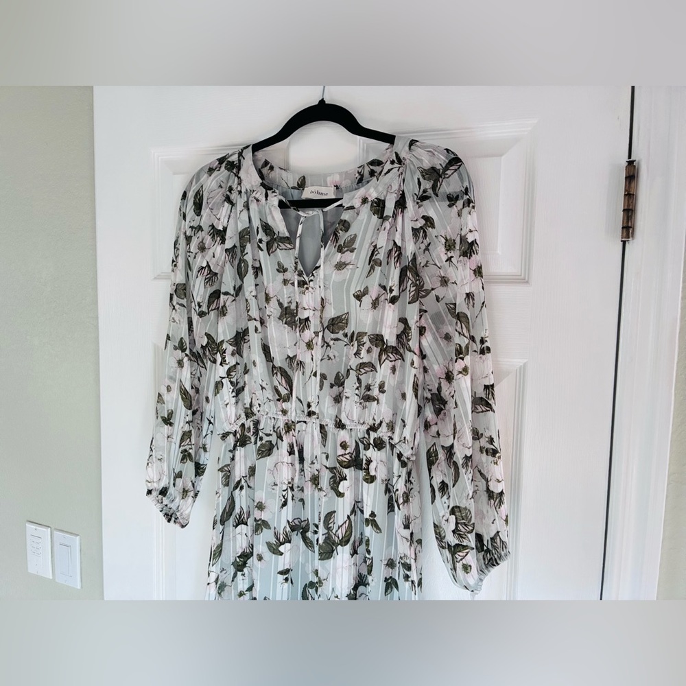 Bohme green and White Floral‎ Long Sleeve midi Dress - Picture 2 of 10